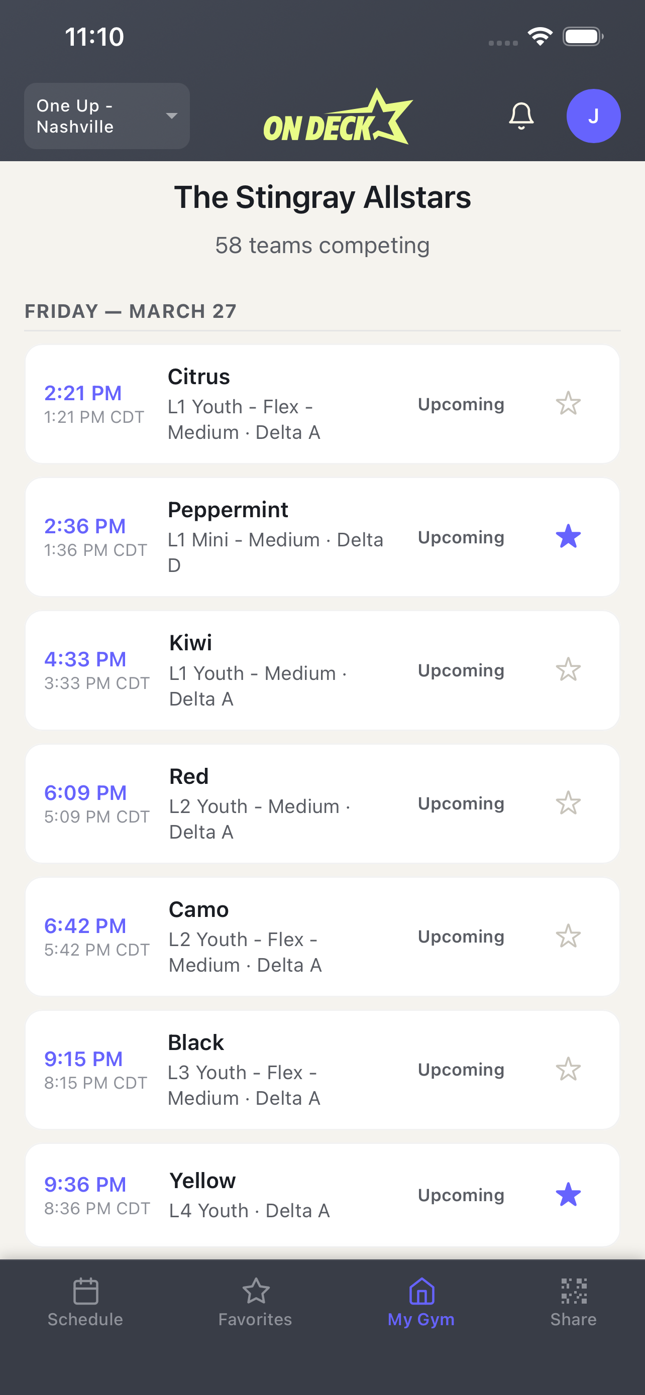My Gym view showing all your teams' schedules